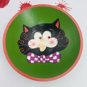 Black Cat Candy Bowl Hand Painted 8.5 Faux Wood Resin Halloween